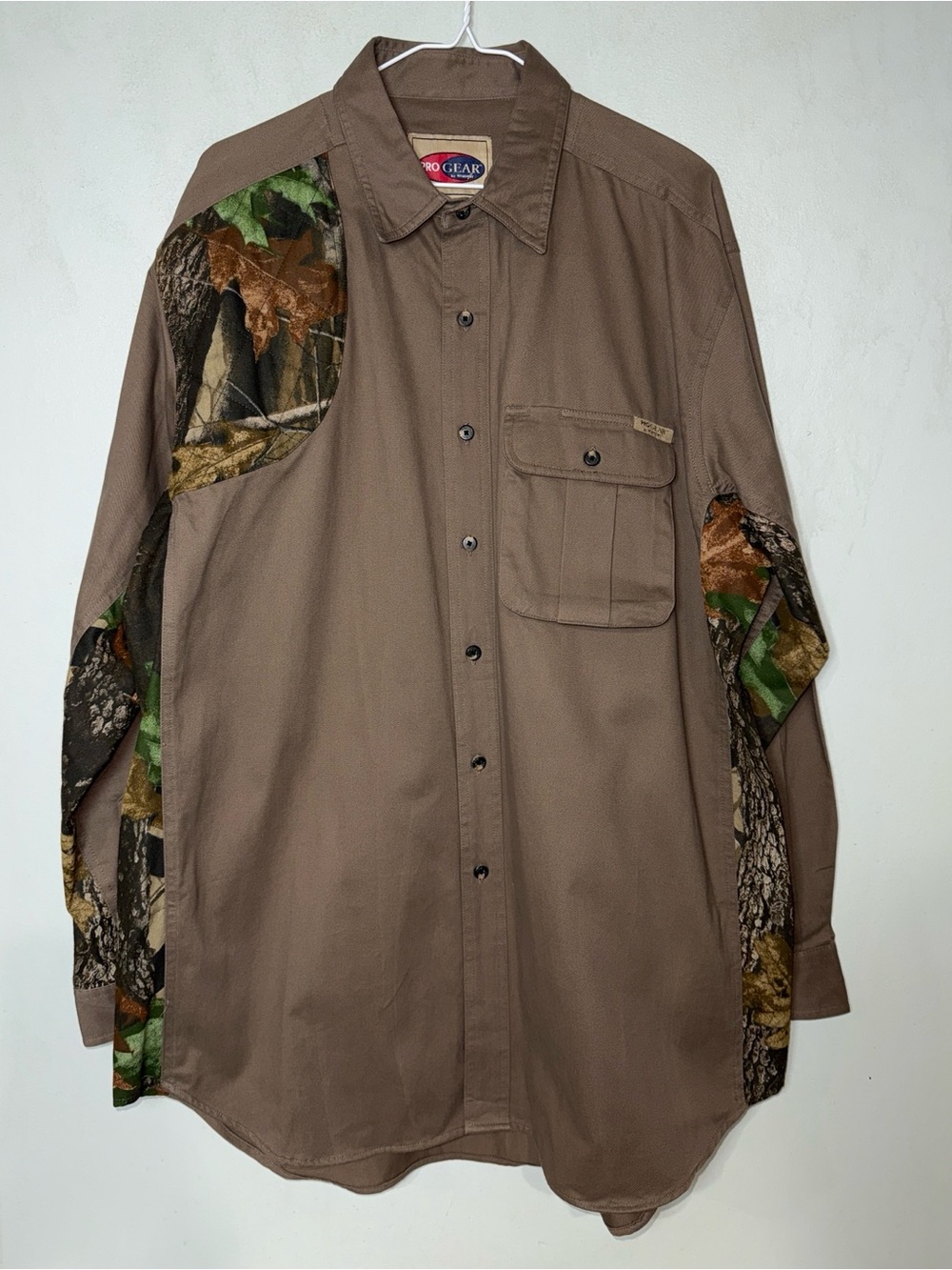 PRO GEAR by Wrangler Brown Long Sleeve Button Shirt Camo Hunting 100% Cotton XL